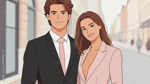 Elegant Professional Couple Posing on Urban Street
