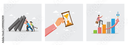 Businessmen stop the dominoes falling. Holding hourglass with gold coins. Climb the growth charts.