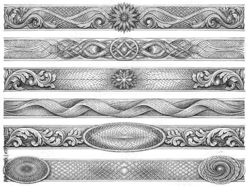 Print  Ultra Detailed Guilloche Line Pattern Strips, Banknote Micro Engraving Texture, Intricate Security Print Curves and Radial Loops, Luxury Monochrome Vector Set on White Background 
