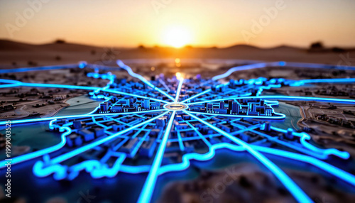 a vibrant city model illuminated with blue lights against a sunset backdrop. The city layout showcases interconnected streets and buildings under the warm evening glow.