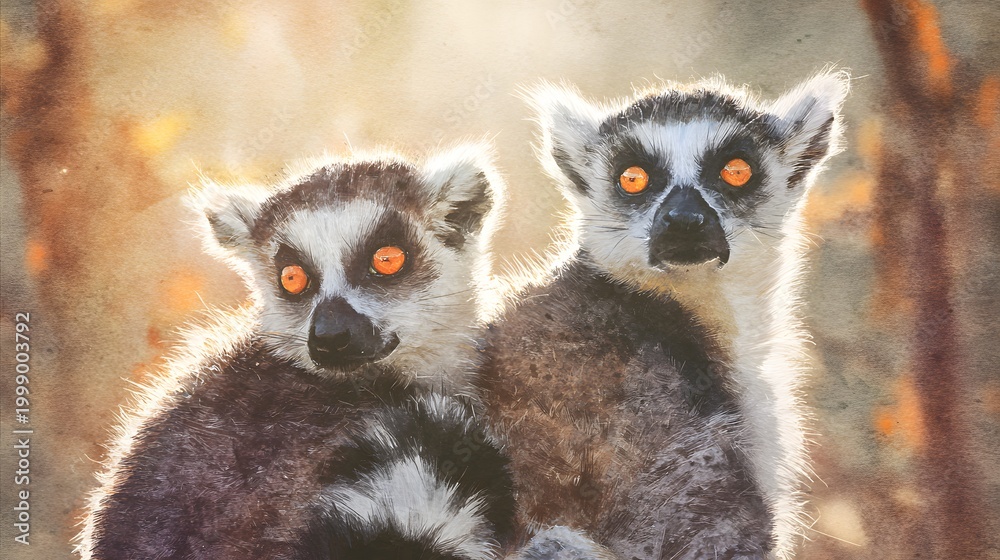 Naklejka premium Gentle lemurs gaze warmly a watercolor portrait of forest life bathed in soft sunlight hues