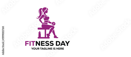 Photos Empower your brand with this Fitness Day logo featuring a female athlete with a dumbbell