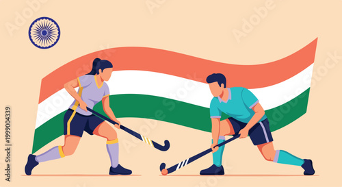 Two male field hockey players competing for the ball on a vibrant outdoor sports field with an Indian flag