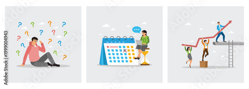 Businessman thinking among question marks. Busy schedule and planner woman. Upward arrow diagram.
