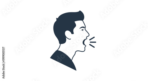 Side profile of an angry man shouting loudly, flat vector icon of a male character screaming or yelling with an open mouth, isolated on white background, concept of rage, fury, or vocal protest.