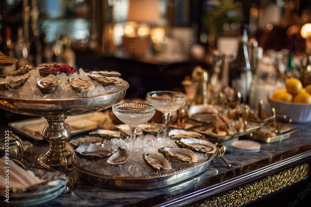 Fototapeta premium Elegant seafood bar scene with fresh oysters on ice, champagne glasses, and refined dining atmosphere, capturing luxury gastronomy and upscale restaurant ambiance. 