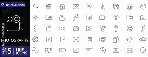 Photography 45 icons set. Includes symbols of camera, lens, photo shoot, editing, lighting, and media capture. Editable stroke. Vector illustration. Outline icons.