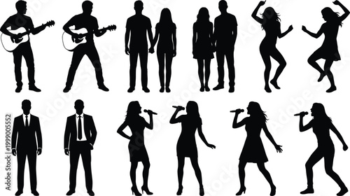 Music band performers and dancing people silhouettes set isolated on white background for entertainment and concert design