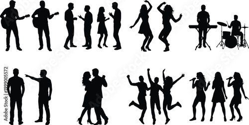 Silhouettes of dancing people and musicians group isolated on white background for party and entertainment concepts