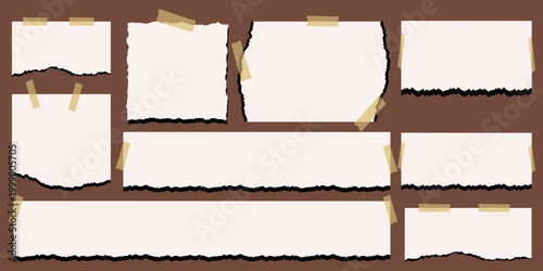 Torn sheets of paper with jagged edges. Collection realistic ripped pieces of scrap papers. Sticky notes, shreds of notebook pages. Torn sheets of paper. Torn paper strips set. Vector