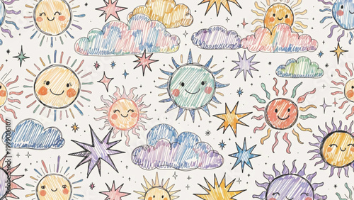 Cute seamless pattern featuring happy suns with blushing cheeks