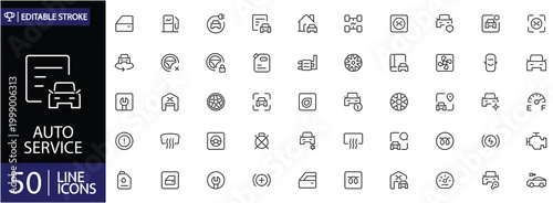 Auto service 50 icons set. Includes symbols of car repair, maintenance, mechanic, oil change, tire service, and automotive tools. Editable stroke. Vector illustration. Outline icons.