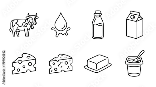 Dairy Products Collection: Cow, Milk, Cheese, Butter, Yogurt - Icon Set