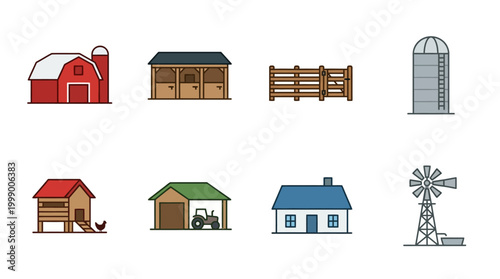 Farm Icons Set: Barn, Silo, Windmill, Stable, Coop, Tractor Shed, House