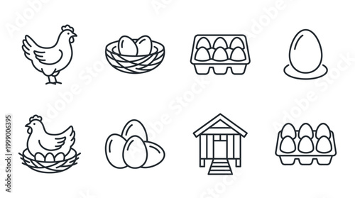Chicken and Egg Icons Set: Farm Fresh Nesting Hens, Egg Cartons, Coop