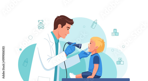 Pediatrician examining child's throat with otoscope, medical check-up, healthcare concept