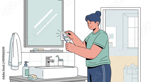 Person adjusting smart thermostat in modern bathroom with sink and mirror