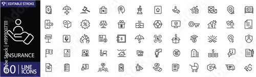 Insurance 60 icons set. Includes symbols of protection, coverage, policy, safety, risk management, and financial security. Editable stroke. Vector illustration. Outline icons.