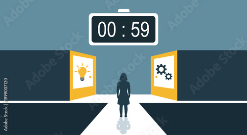Woman at crossroads choosing between creativity and logic under time pressure countdown timer for decision making concept