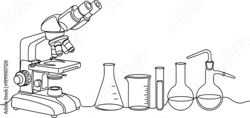 continuous one line of laboratory microscope and glassware outline science equipment chemistry vector illustration