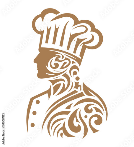 Decorative golden chef profile silhouette with intricate tribal patterns and traditional toque
