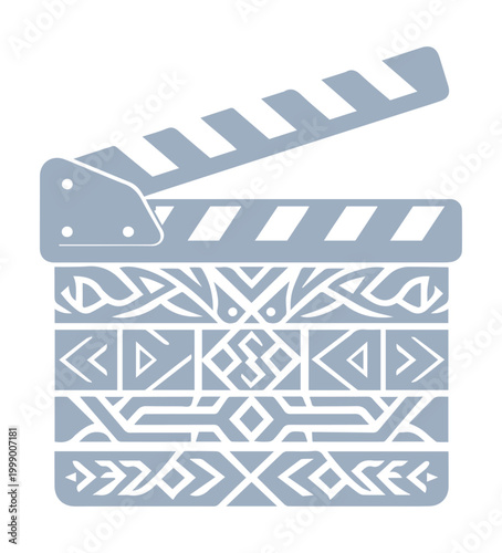 Stylized open clapperboard with intricate geometric tribal pattern in blue and white illustration