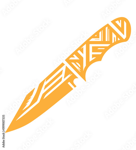 Stylized Orange Knife with Intricate Geometric Pattern on Blade and Handle Sharp Point
