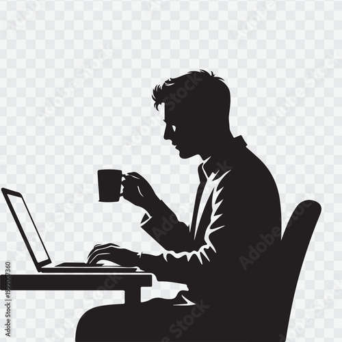 Person working on a laptop at a desk with a plant and coffee. vector design