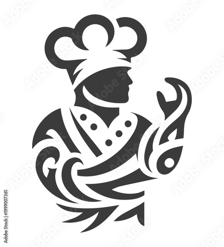 Monochromatic stylized chef icon with tribal patterns wearing a toque and jacket gesturing with a raised hand profile view
