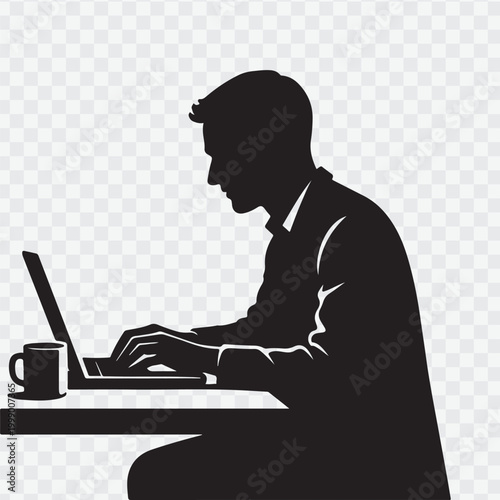 Person working on a laptop at a desk with a plant and coffee. vector design