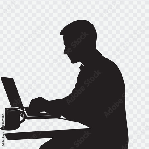 Person working on a laptop at a desk with a plant and coffee. vector design