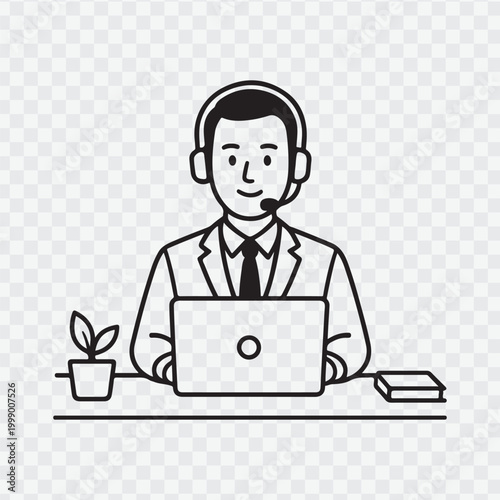 Person working on a laptop at a desk with a plant and coffee. vector design