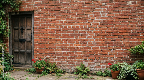 Red brick wall rustic door garden wall ivy plant flower pot stone path outdoor scene old wooden door courtyard brick texture