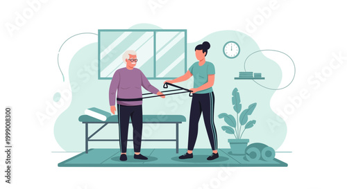 Physical therapist assisting elderly man with resistance band exercise for rehabilitation