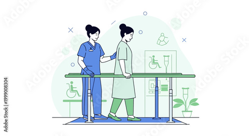 Physical therapist assisting patient walking on parallel bars for rehabilitation and recovery