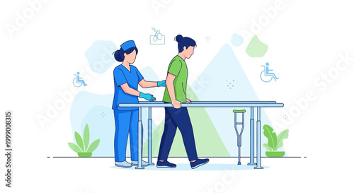 Physical therapist assisting patient walking with parallel bars and crutches for rehabilitation