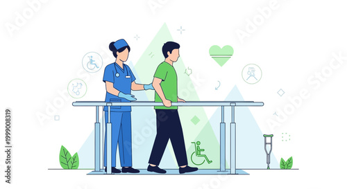 Physical therapist assisting patient walking with parallel bars for rehabilitation and recovery