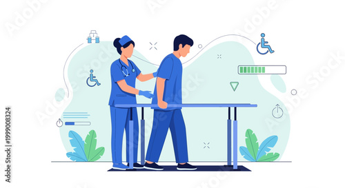 Physical therapist assisting patient walking on treadmill with parallel bars for rehabilitation
