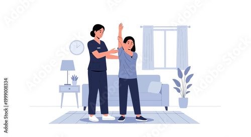 Physical therapist assisting patient with arm exercise in rehabilitation clinic