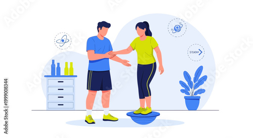 Physical therapist assisting patient with balance exercise on bosu ball, rehabilitation concept