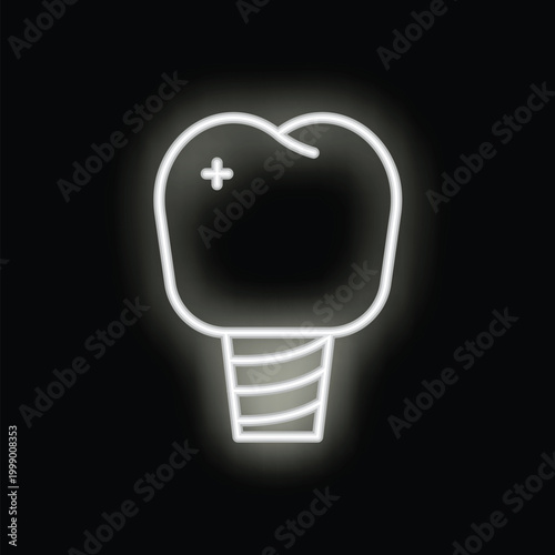 White neon icon representing a dental implant glowing against a dark background