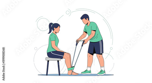 Physical therapist assisting patient with leg resistance band exercise for rehabilitation