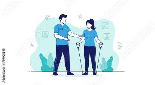 Physical therapist assisting patient with Nordic walking poles for rehabilitation and exercise