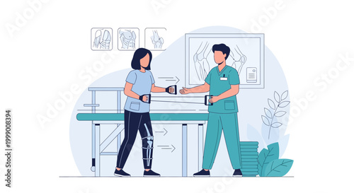Physical therapist assisting patient with prosthetic leg in rehabilitation exercise