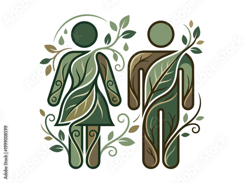 Conceptual graphic of male and female figures formed by natural leaves and branches, symbolizing ecological harmony and human connection to nature.