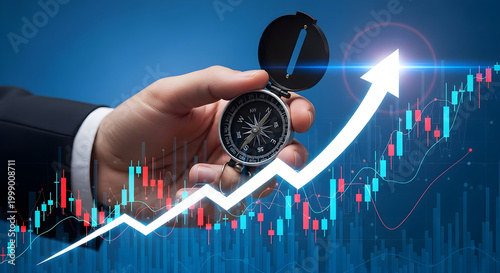 Strategic Financial Growth with Hand Holding Compass Over Rising Stock Market Chart for Investment Planning and Business Direction.