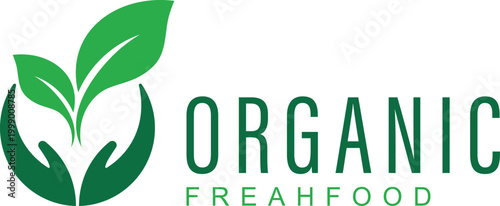 Organic Fresh Food Logo Design. Silhouette of Two Hands Holding Fresh Leaves, Green Leaf Logo, Eco Friendly Label, Eco-Friendly Sign on White Background