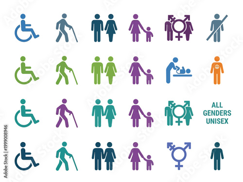 Vibrant graphic bundle set featuring diverse human icons symbolizing inclusivity, accessibility, gender, and family representation for universal use.