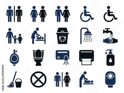 Graphic icon set for universal public restroom and hygiene signage, guiding users to facilities, accessibility, and services in public settings.