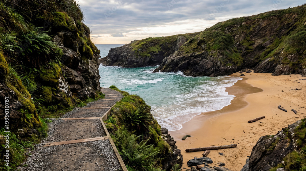 Obraz premium Seashore Pathway Beneath Mossy Cliffs with Gentle Waves and Sand for Scenic Coastal Retreats